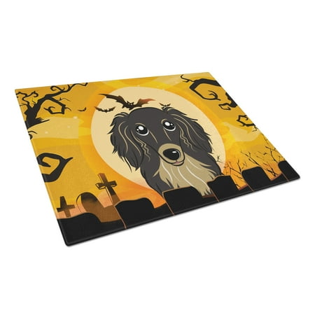 

Caroline s Treasures Halloween Longhair Black and Tan Dachshund Glass Cutting Board Large