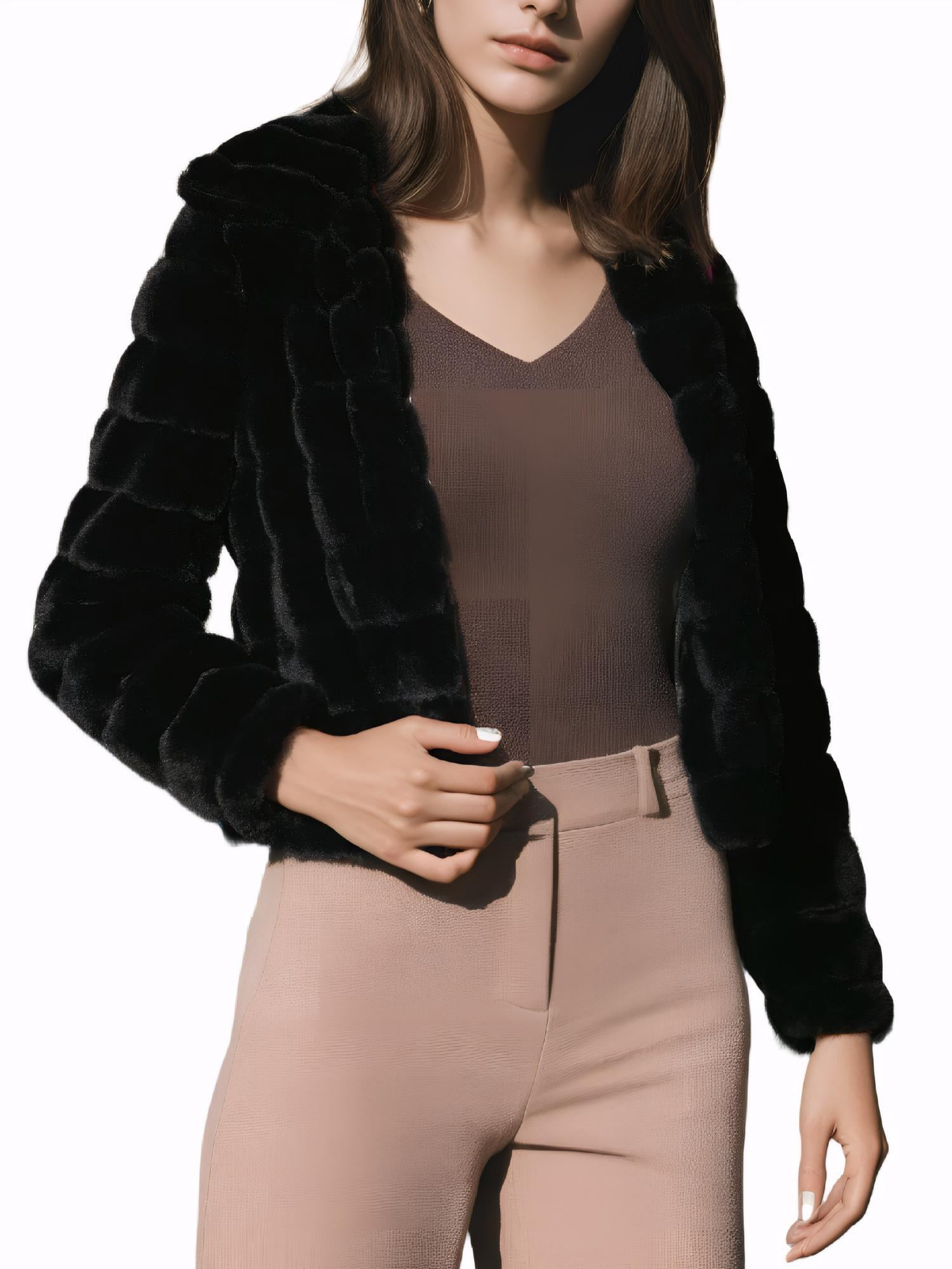DARING DIVA Women's Faux Fur Fluffy Coat Collar Cropped Jacket XL Black
