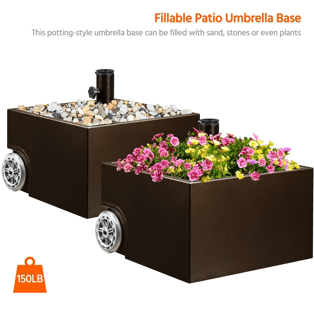Renwick Portable Metal Umbrella Base with Fillable Planter and Wheels, Brown