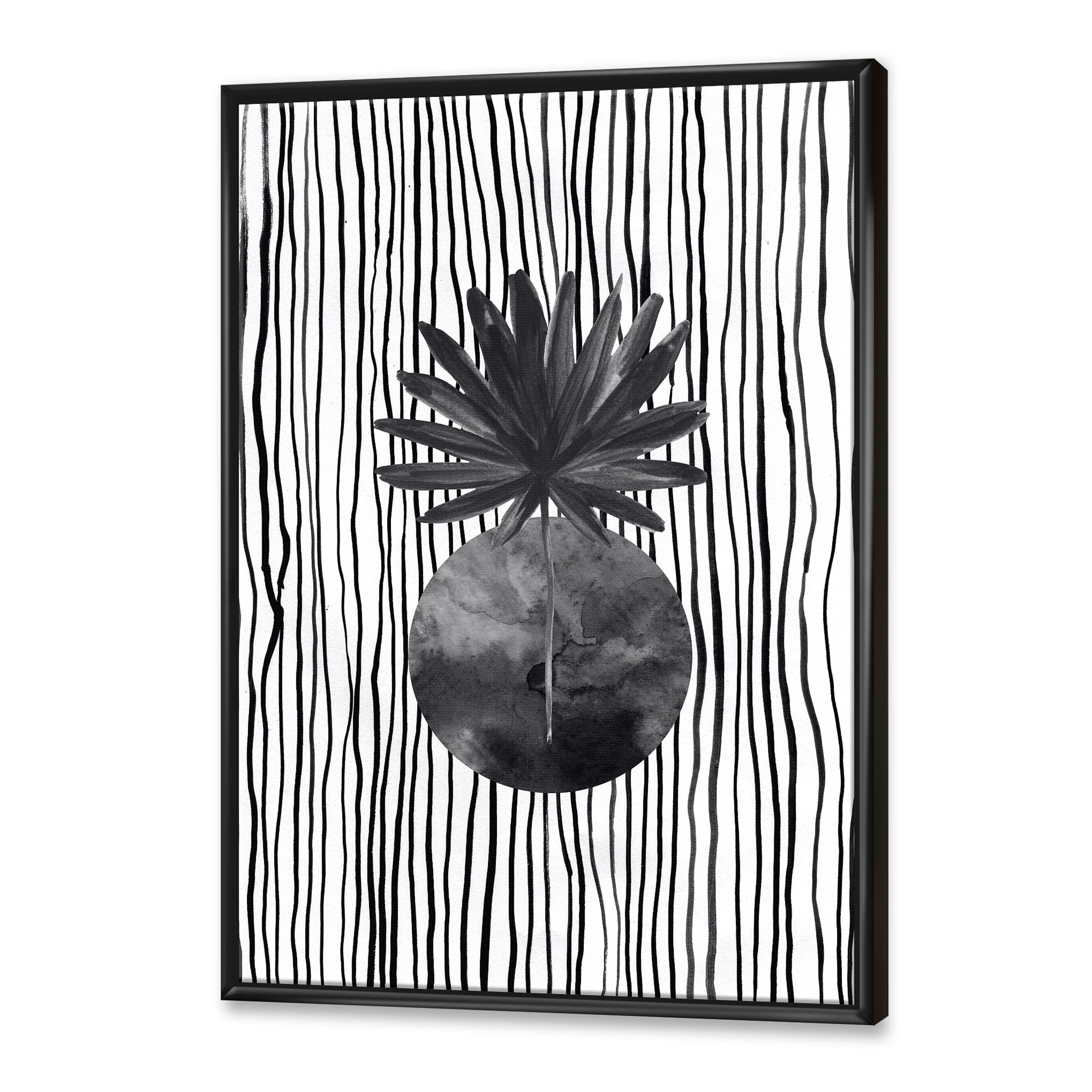 Designart 'Black and White Striped Under Tropical Leaf I' Modern Framed Canvas Wall Art Print