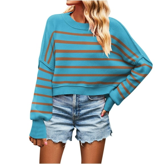 HAiming Womens Striped Cropped Sweaters Casual Long Sleeve Crew Neck Fall Loose Pullover Ribbed Knit Tops