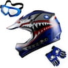 1Storm Youth Motocross Helmet Kids Motorcycle Bike Helmet HBOY Shark Blue + Goggles + MG Youth Blue Glove Bundle