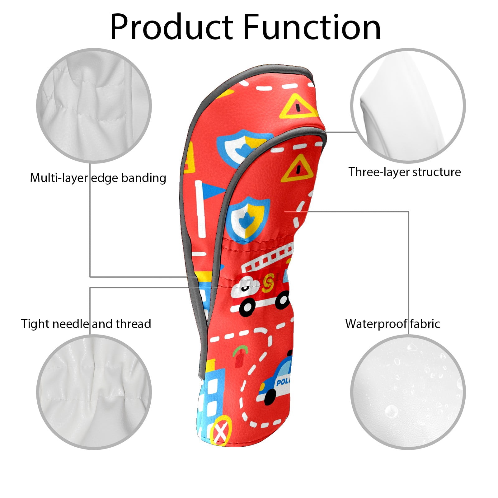 Golf Club Covers, Firefighter Police Car Red Premium PU Leather Driver Hybrid Putter Head Covers with Velvet Lining, Waterproof Golf Gifts for Men Women