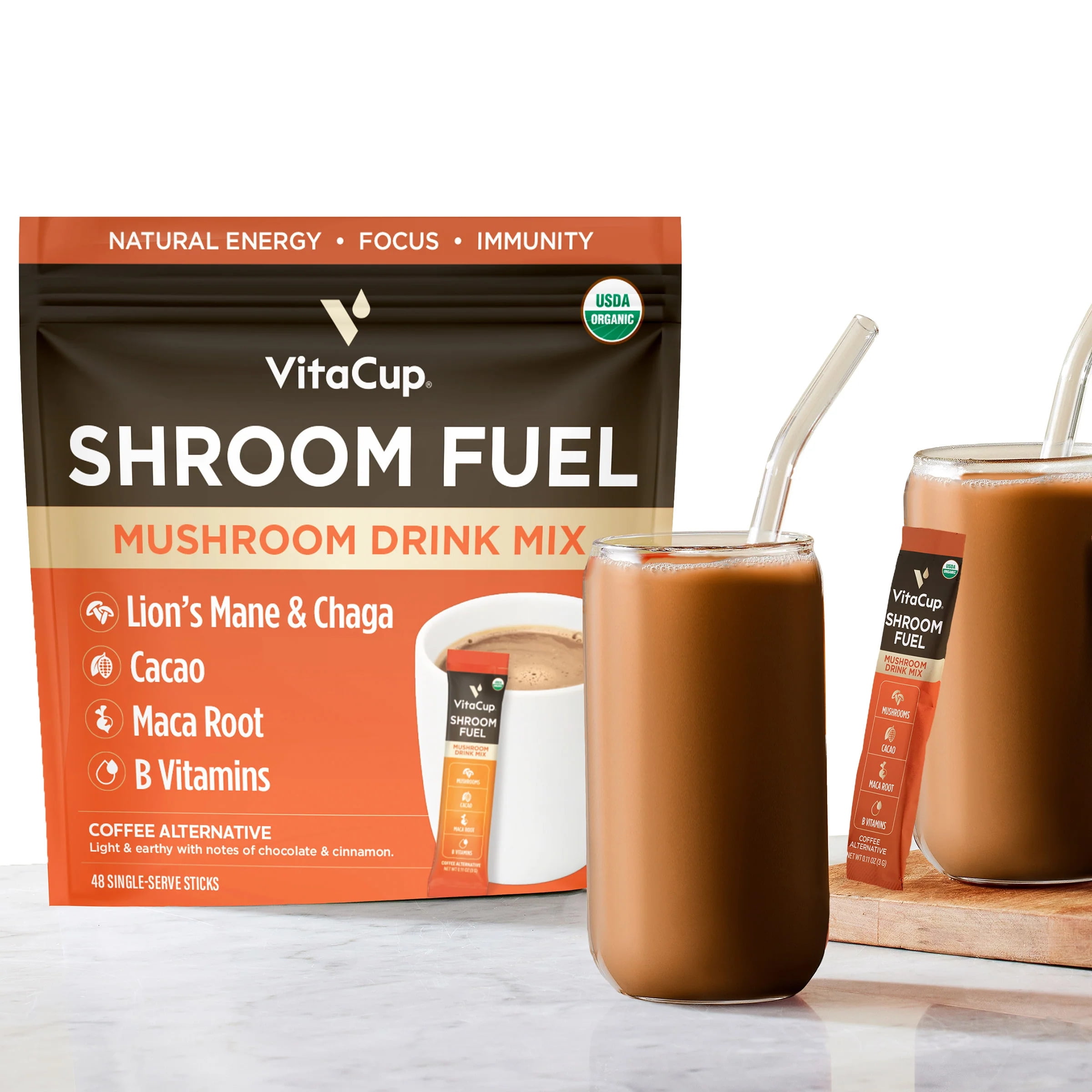 Shroom Fuel Mushroom Based Coffee Alternative Packets, 2-Pack, Total 48 Counts