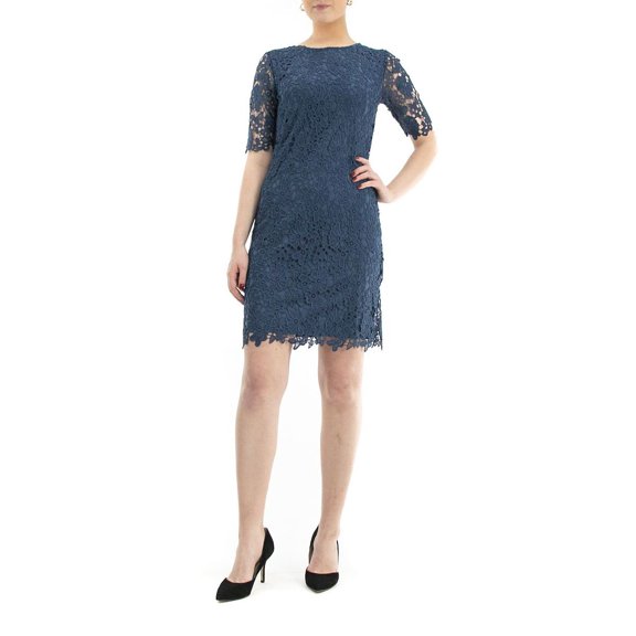 Nina Leonard Crew Neck 3/4 Sleeve Bodycon Zipper Back Floral Lace Dress by Curated Brands
