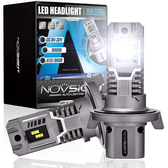 NOVSIGHT H13/9008 LED Headlight Bulbs, 12000 Lumens 60W Super Bright Headlights Conversion Kits, 6500K Cool White, Pack of 2, 1:1 Size Design