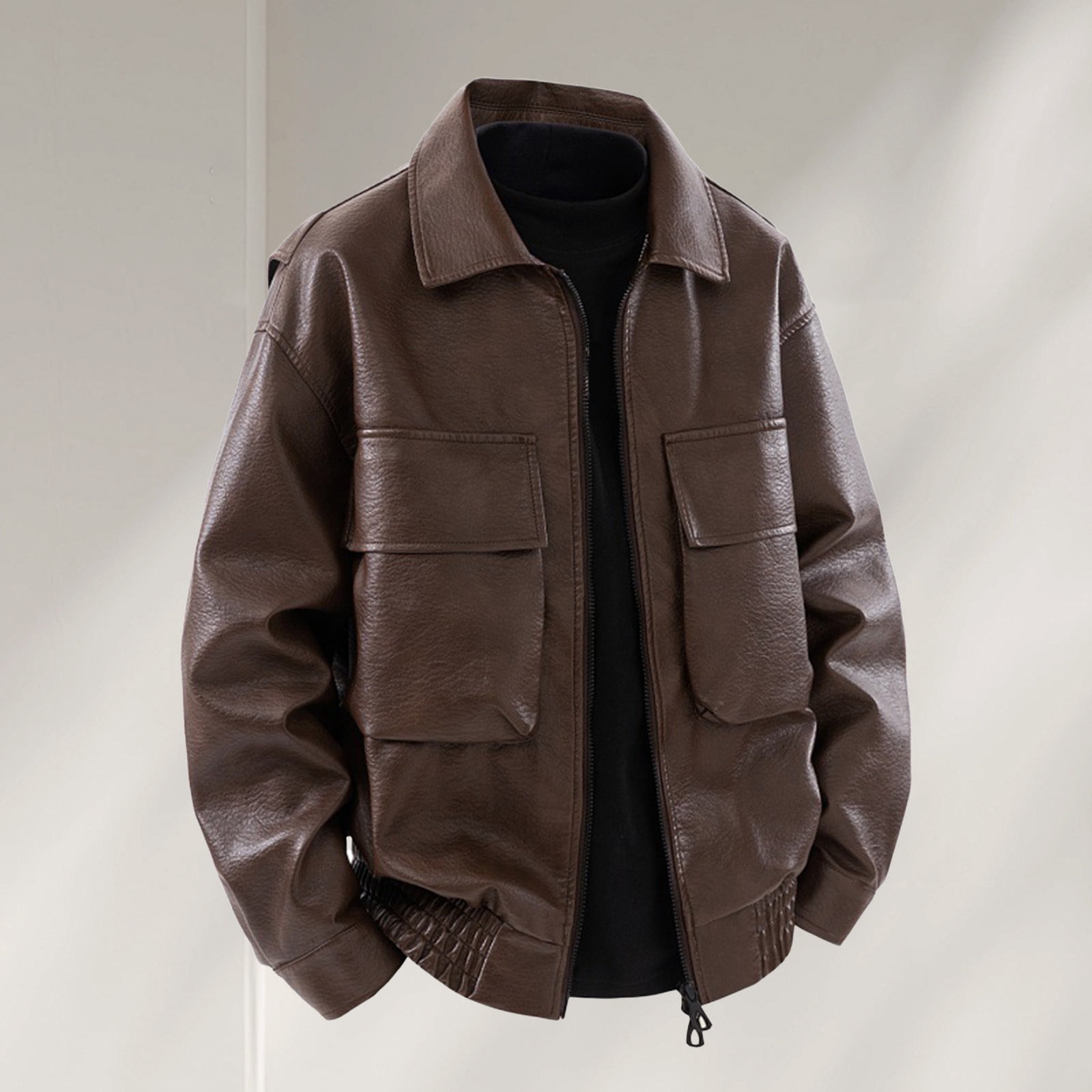 YFNNUP Leather Jacket Men Big and Tall Zipper Pu Jackets Mens Lapel Motorcycle Coats with Pockets Coffee