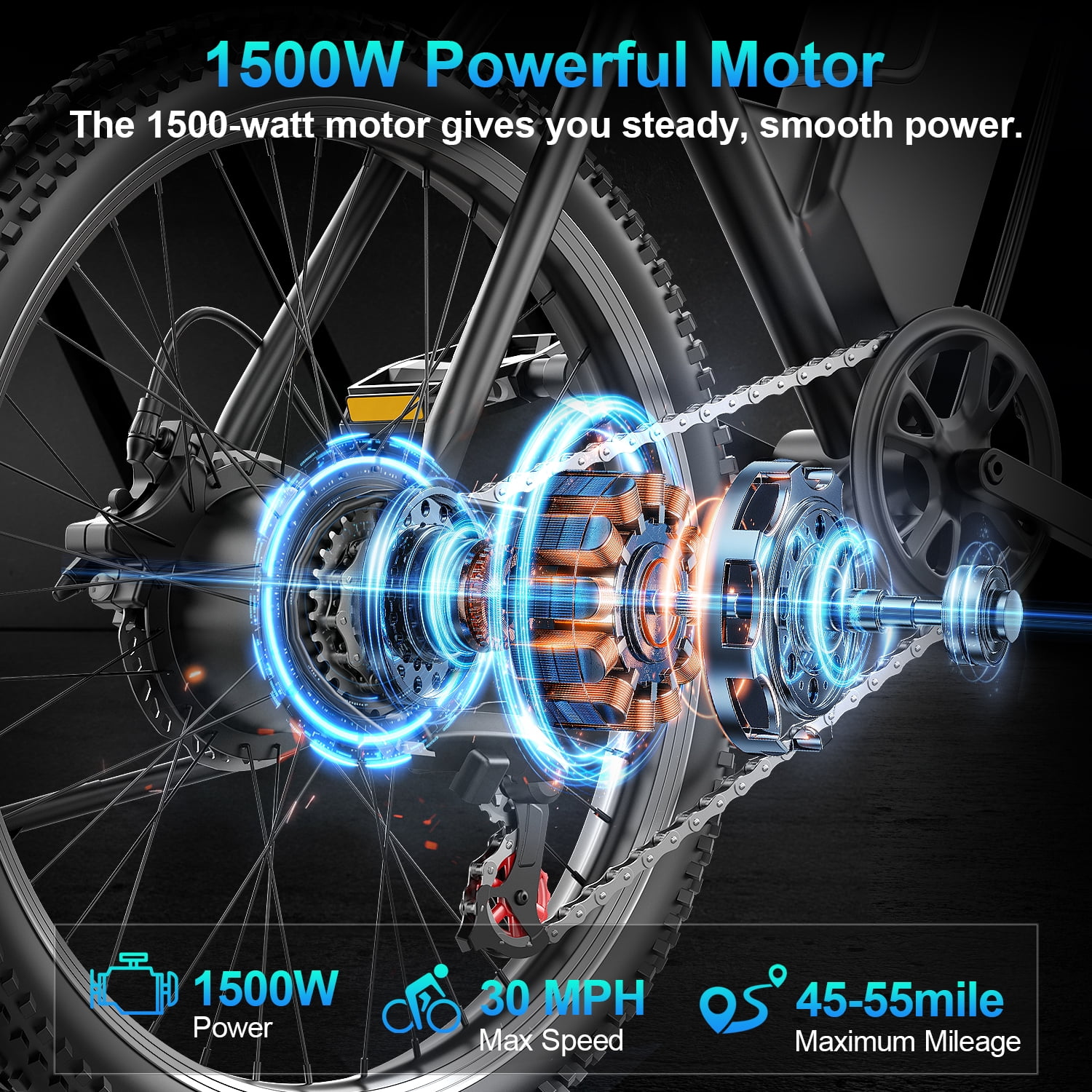 F26-1500W Off-Road Electric Bike, 26" Tire 55 Miles Electric Bike ,48V 10.5 Internal Battery (Removable), Top Speed 30MPH, Electric Mountain Bike Beach Bike, Professional 7 Speed ​​UL2849