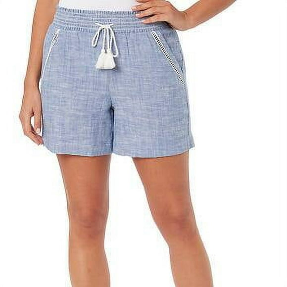 Briggs New York Women's Linen Blend Pull-On Summer Shorts with Pockets and Drawstring - Blue– Size: (L/Large)