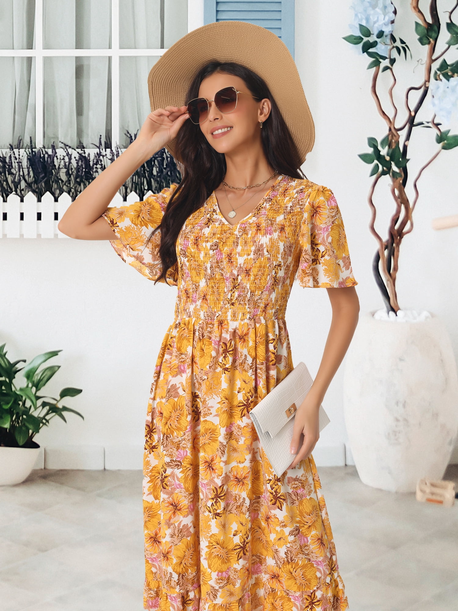 DARING DIVA Short Flutter Sleeve Smocked Flowy Maxi Dres M Yellow