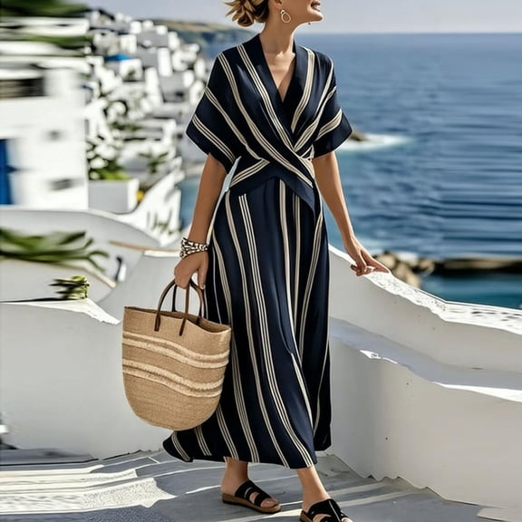 Bxsruta Women's Plus Size V-Neck Short Sleeve Wrap Waist Flared Striped Maxi Dress for Beach Vacation Casual Summer