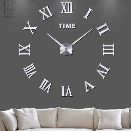 Gustave Modern 3 D DIY Large Wall Clock, Frameless Mirror Surface Wall Sticker Home Décor for