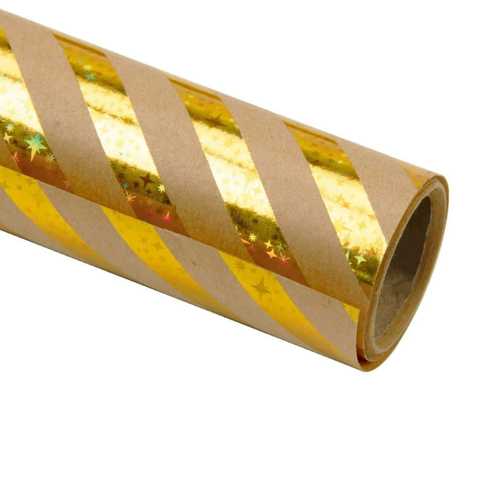 Metallic Diagonal Stripe Gold Star Foil Kraft Wrapping Paper Roll - 30