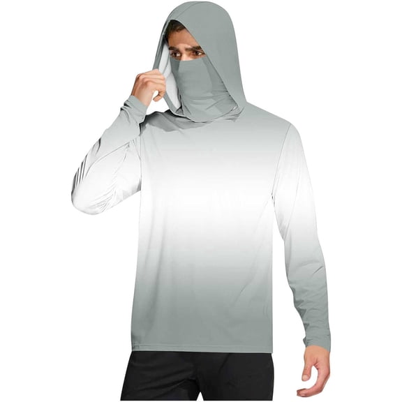 Xfvqtps Mens Pullover Tops with Face Neck Mask Hoodie Long Sleeves Cooling Sun Protection Gradient Breathable Lightweight Summer Shirts Gray