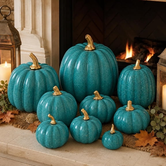 9 Pack Teal Assorted Pumpkins Decor, Hard Foam Artificial Faux Pumpkins, Harvest Fall Ornament for Halloween Thanksgiving Table Porch Decor
