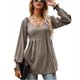 thumbnail image 1 of Túnica acampanada de color café para otoño/invierno, blusa plisada informal para mujer, blusa abullonada de manga larga con escote en V XXL, 1 of 6