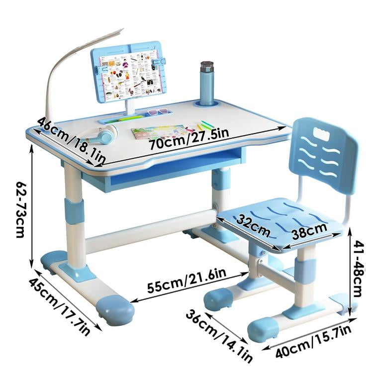YNCE 2Pcs Kids Desk and Chair Set,Height Adjustable Children's Writing Desk Set with 40-Degree Tilt-able Reading Stand LED Table Light,Bookstand,Drawer,Ergonomic Table Chair Set (Blue #3)