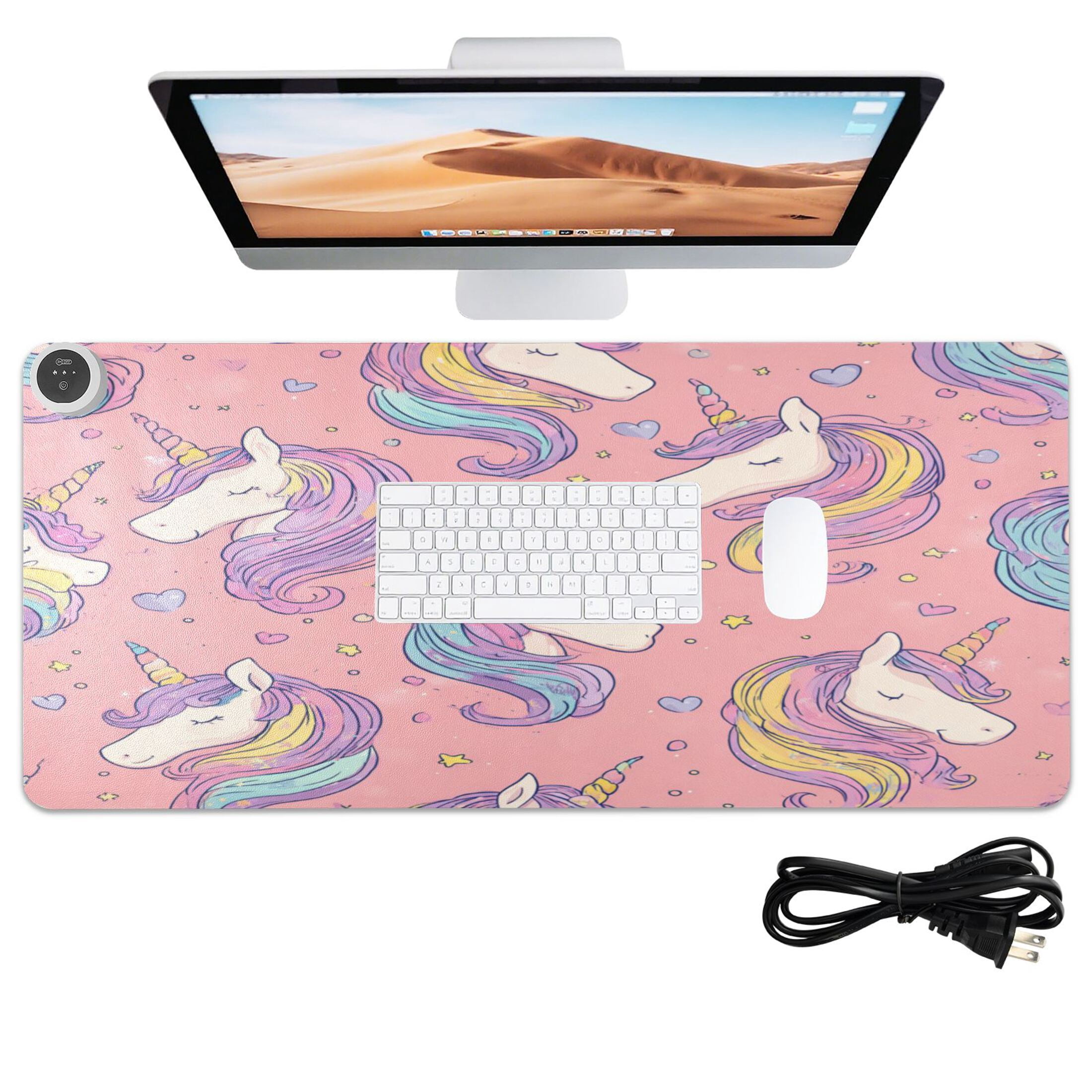 Large Heated Desk Mat Mouse Pad 31.5"x13"PU Leather Graphene Heating Desk Warmer with 3 Temperature Settings 110V US Plug Non-Slip Warm Pad for Home, Office, and Gaming Soft Pink Unicorn Illustration