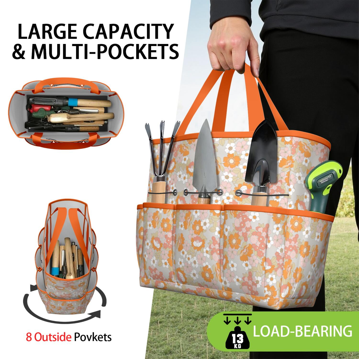 Bright Flowers Garden Tools Bag, Water-proof Oxford Garden Tote Home Organizer Gardening Tool Bag Kit Holder with 8 Pockets for Indoor and Outdoor Gardening(Tools Not Included)