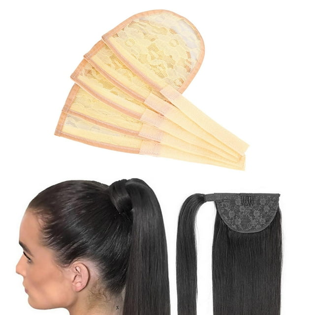 Pack of 5 Large Base Hair Net for Making Tail Hair Bun Afro Puff Drawstring Caps with Buckle tail Extension Base Hair , color, length 19.2cm