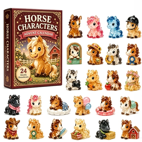 24 Days Cute Farm Horse Characters Advent Calendar 24 Pcs Acrylic Mini Pony Figurines Countdown Gift Box Collectible Tiny Horse Ornaments Holiday Surprise Gift for Teens and Collectors
