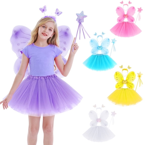 RTKFRFLM Girls 4-Piece Fairy Costume Set Butterfly Wings with Matching Tutu Skirt Magic Wand and Headband Sparkling Princess Dress Up Role Play Toy for Little Girls Party Gift Sets