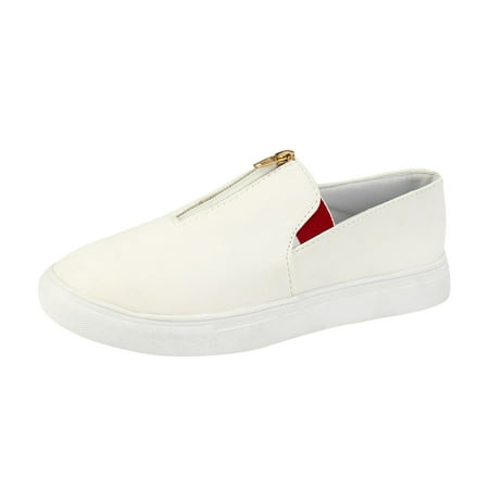 QYZEU Leather Tennis Shoes for Women Casual Women Shoes for Work Women s Fashion Solid Color Flat Zipper Casual Shoes Non Slip One Foot Shoes Casual Shoes for Women White 40