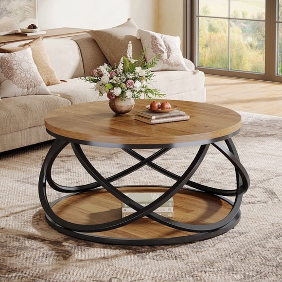 Tribesigns 31.5" Round Coffee Table, 2-Tier Circle Center Table, Wood Grain Accent Table with Storage Shelf and Cross Metal Frame for Living Room, Small Space, Rustic Brown