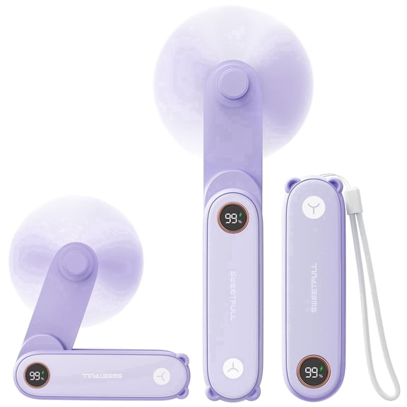 SWEETFULL Portable Handheld Mini Fan with LED Display, 3-in-1 Personal Foldable USB Rechargeable Hand Held Fan, Flashlight for Travel, Lash Eyelash, Cute Small Pocket for Women, Girls (Purple)