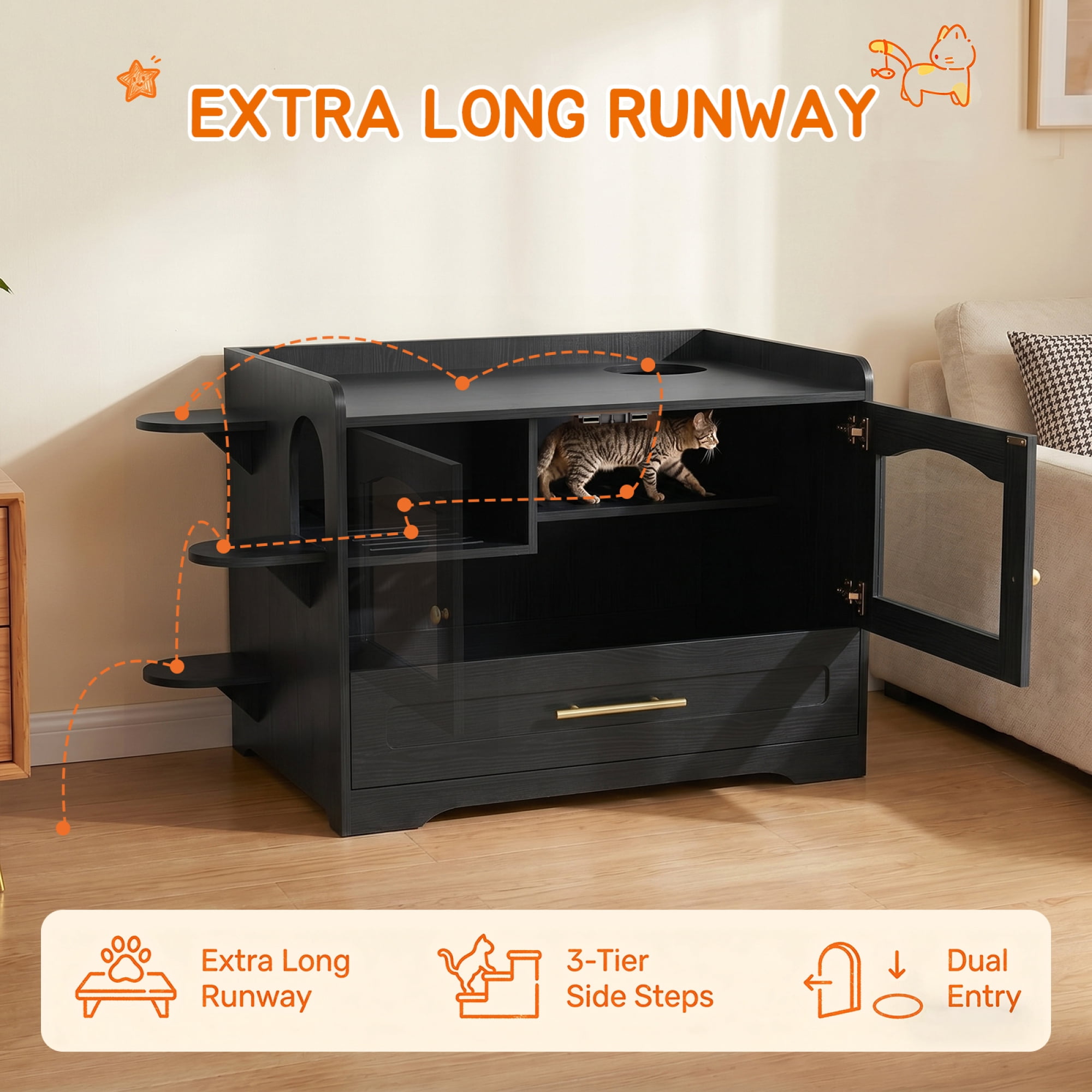 HOQBN Cat Litter Box Enclosure Furniture, Dog Proof Hidden Litter Box Cabinet with Acrylic Door, Extra Long Runway & Storage Drawer, Indoor Cat Play Area Black