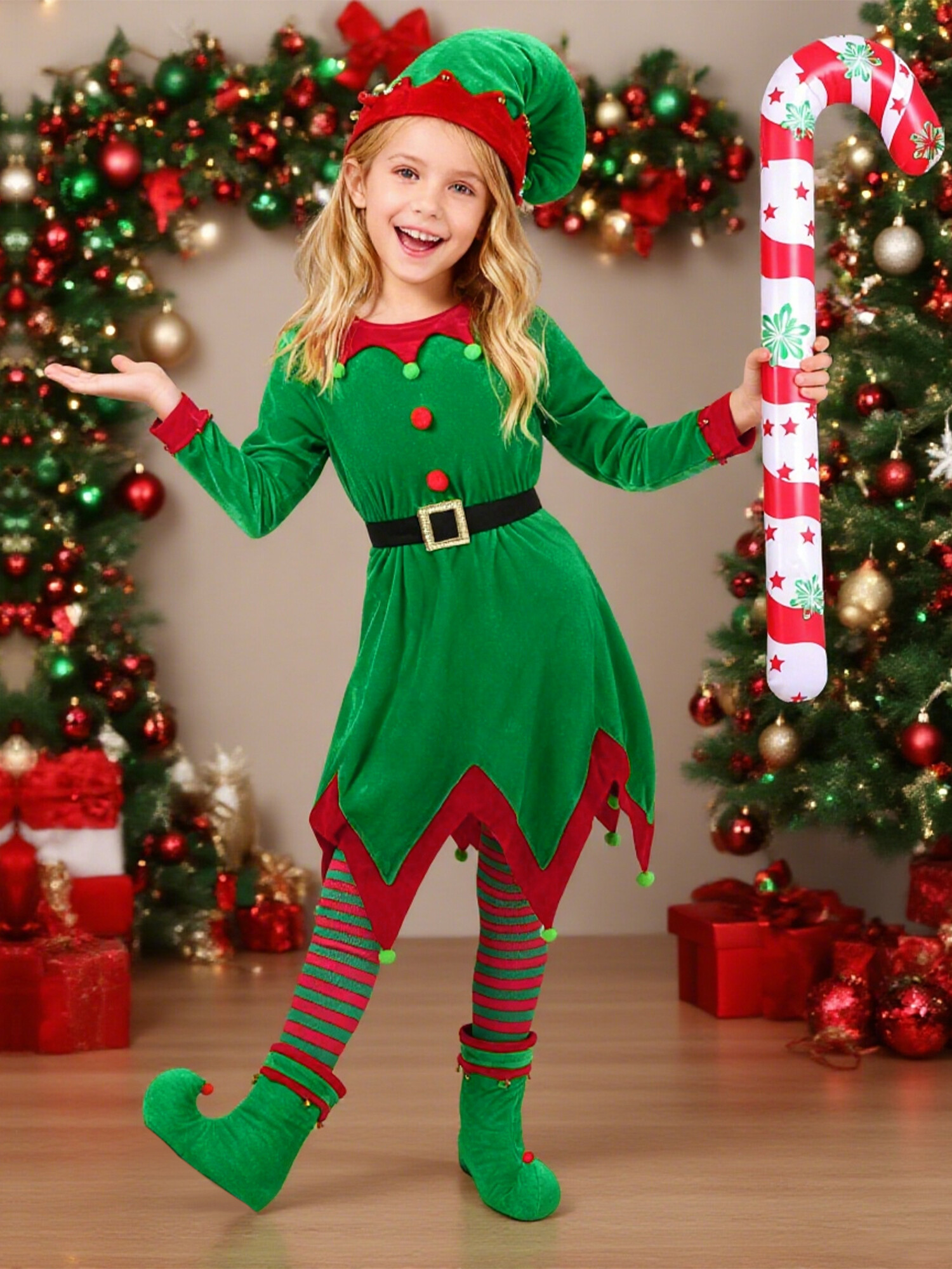 ZOEREA 7Pcs Kids Christmas Elf Green Set Outfit Velevt Dress Xmas Girl's Outfit with Elf Ears, Hat, Shoes, Belt, Socks 4-12Y