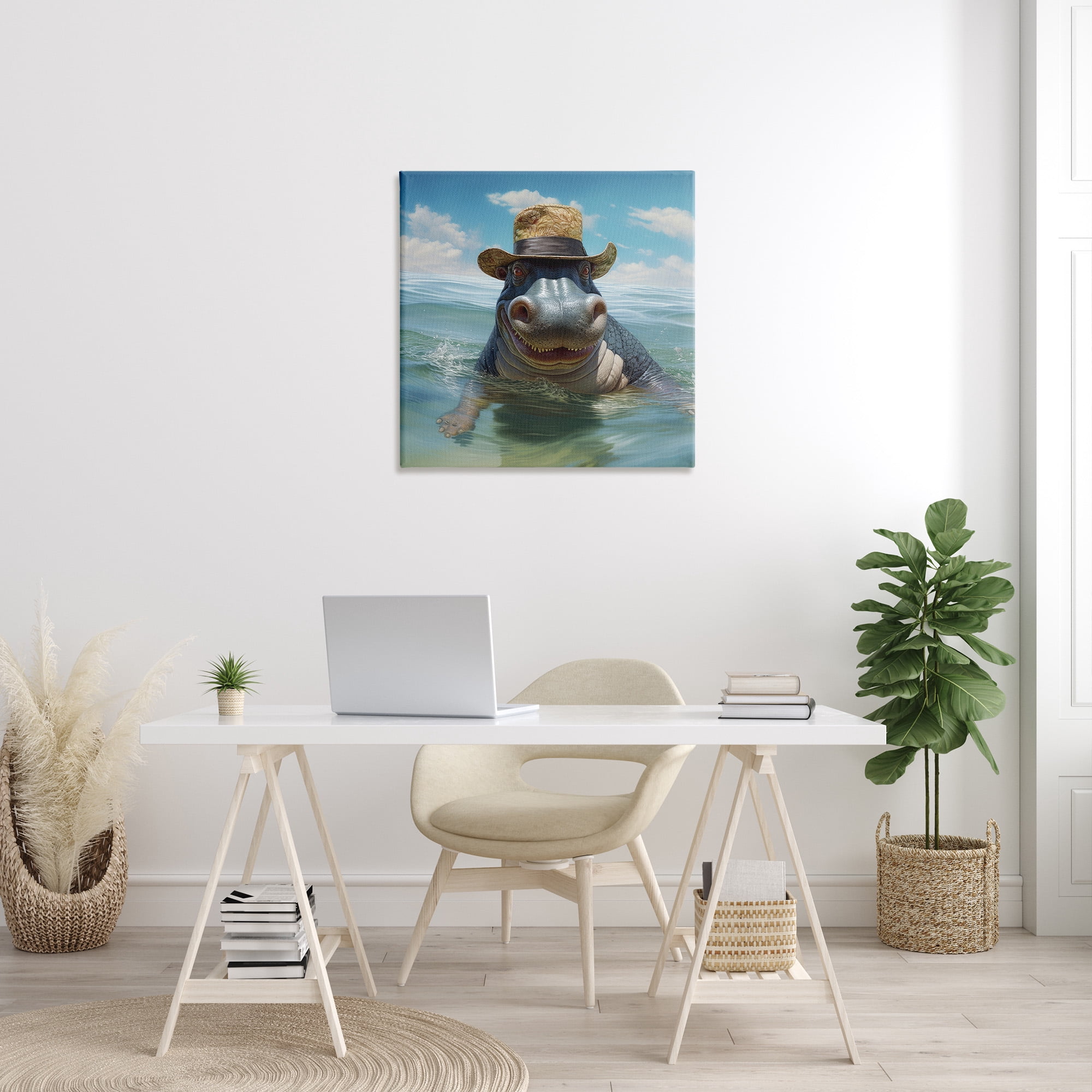 Stupell Industries Hippo with Trendy Hat Animals & Insects Painting Gallery Wrapped Canvas Art Print Wall Art, 30 x 30