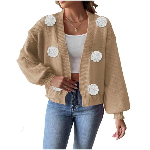 Women's Floral Knit Cardigan V-Neck Long Sleeve Button Sweater for Fall Khaki S