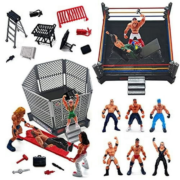 ToyVelt 32-Piece Wrestling Toys for Kids - Wrestler Warriors Toys with Ring & Realistic Accessories - Fun Miniature Fighting Action Figures Includes 2 Rings - Great Gift for Boys and Girls