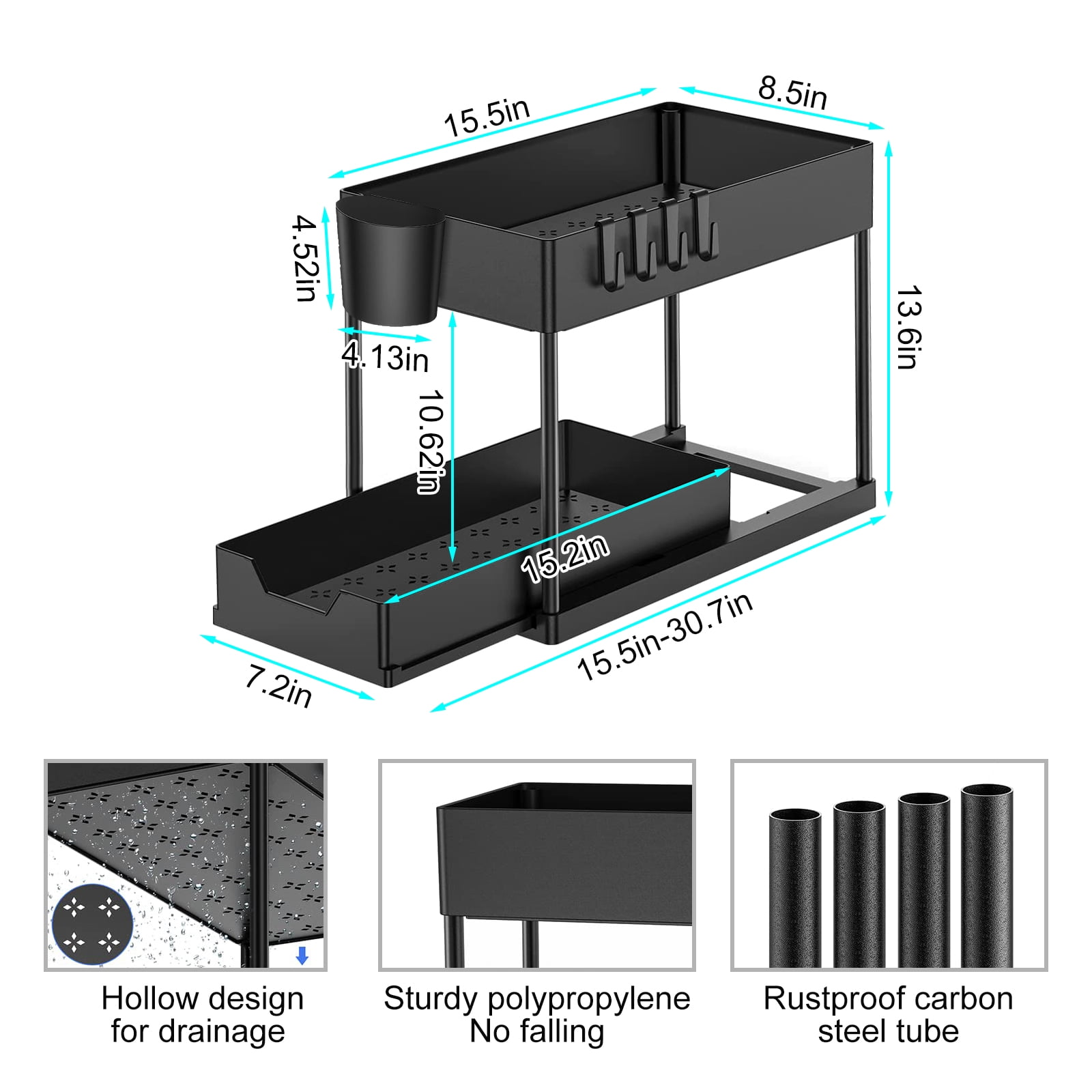 2 Pack Under Sink Organizers,  YUWENUS Sliding Under Bathroom Cabinet Organizer,  2 Tier Kitchen Cabinet & bathroom sink Organizer with 8 Hooks and 2 Hanging Cups