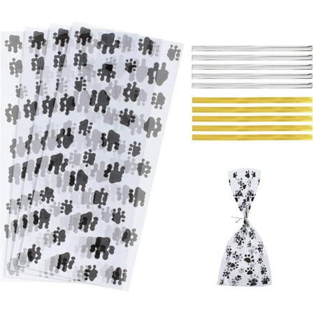 200 Pcs OPP Cellophane Bags Dog Paw Prints Pattern Self-Adhesive Bags and 200 Pcs Golden/Silver Iron Core Plastic Wire Twist Ties for Kitchen Party Favor Cookie Candy Chocolate Packaging