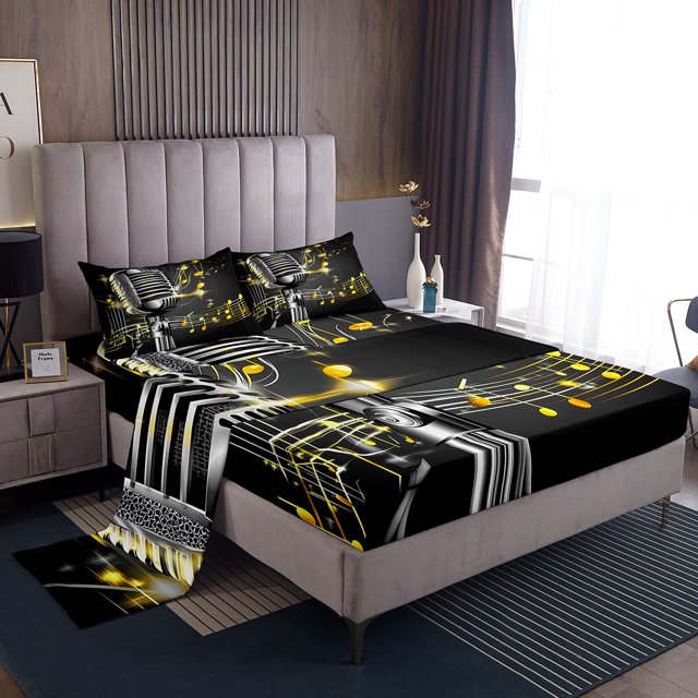 Erosebridal Musical Notes Bed Sheets Set Full Size, 3D Microphone Bedding Full Size, 4 Pieces (Top Sheet, Fitted Sheet, Pillowcase)