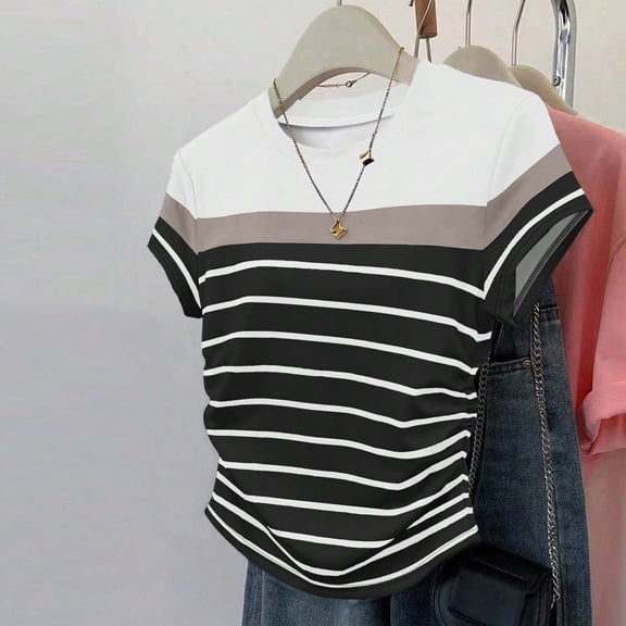 Women's Short Sleeve Tops 2026 Trendy Crewneck Striped T Shirts Summer Blouses Casual T Shirt Basic Color Block Tee Tops
