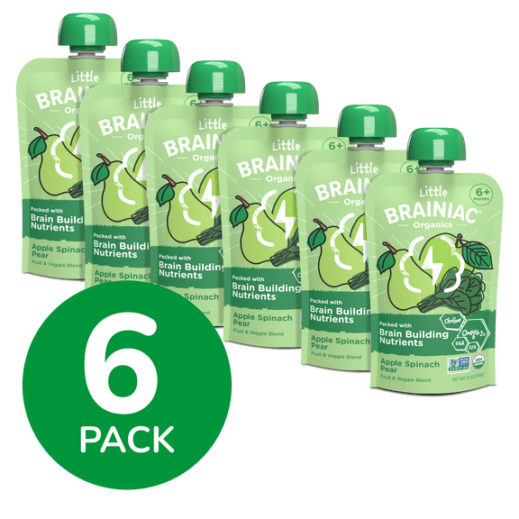 Little Brainiac Organic Fruit & Veggie Baby Food Pouch with Omega-3s, Apple Spinach Pear, 3.5oz, 6ct