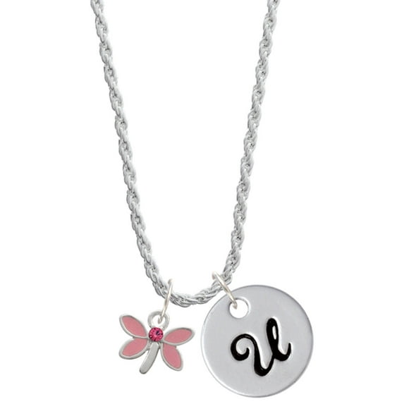 Delight Jewelry Silvertone Pink Dragonfly with Crystal Silvertone Script Initial Disc - U - Charm Necklace, 20"+3"