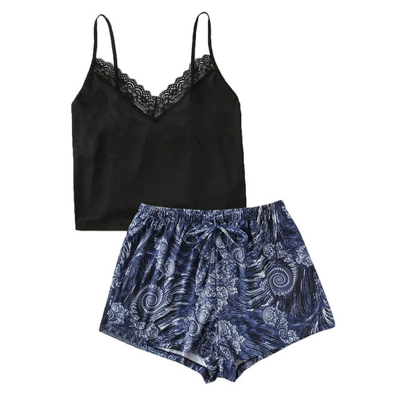 WTXUE Lounge Sets | Pajama Sets Women Fashion Print Pajama Shorts Pajama Two Set | 2-Piece Blue L