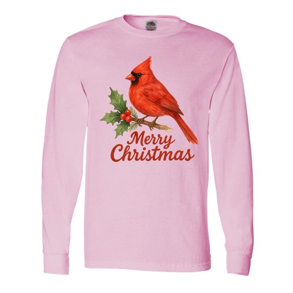 Inktastic Merry Christmas Cardinal with Holly Long Sleeve T-Shirt