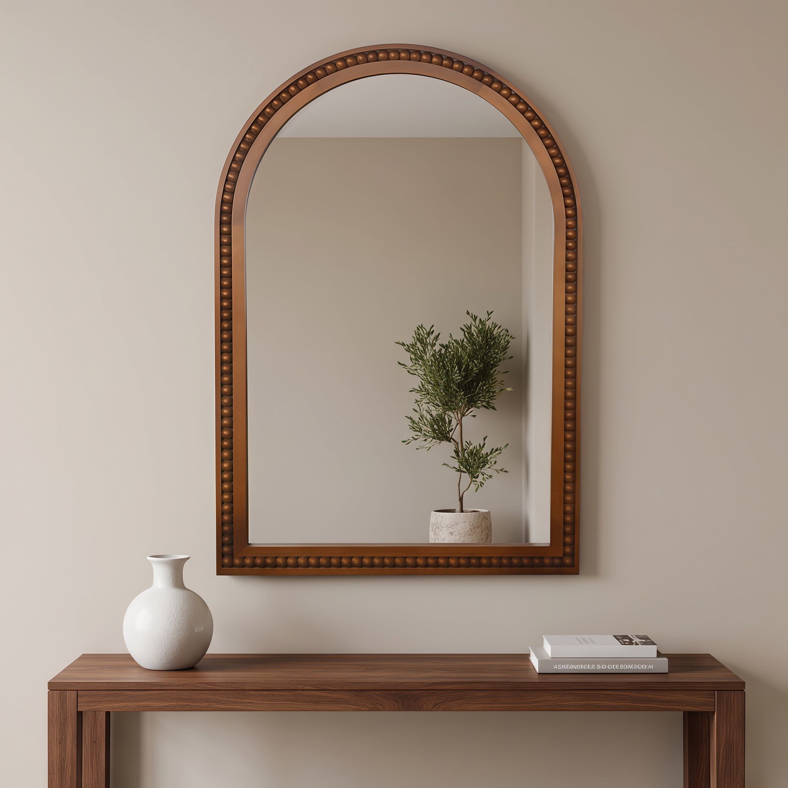 24x36 Inch Arch Wall Mirror With Beaded Solid Wood Frame, Rustic Farmhouse Decor Mirror for Entryway, Bathroom & Living Room, Dark Walnut Color
