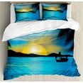 thumbnail image 1 of Sea King Size Duvet Cover Set, Idyllic Sunrise Scenery Calm Seascape with a Fishing Boat Tranquility, Decorative 3 Piece Bedding Set with 2 Pillow Shams, Azure Blue Black and Orange, by Ambesonne, 1 of 3