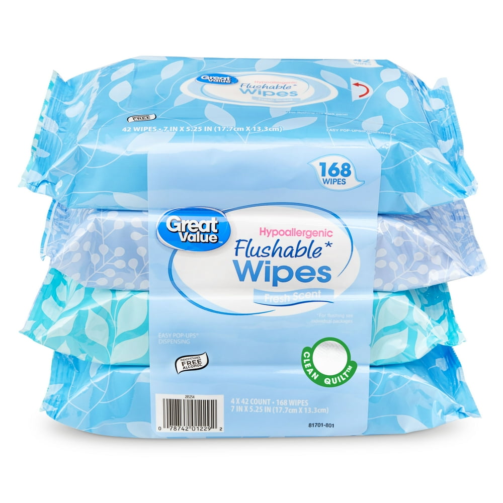 Great Value Flushable Wet Wipes, Fresh Scent, 4 Packs of 42 Wipes, 168