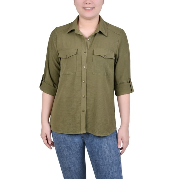 NY Collection Petite Roll Tab Blouse