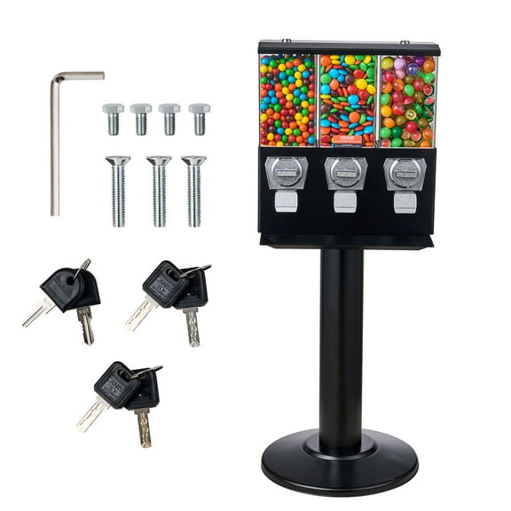 VEVOR Commercial Vending Machine, Triple Compartment Candy Dispenser with Iron Stand, Gumball and Candy Machine for Business,Coin Operated Gumball Bank for Toy Capsules Bouncy Balls Candy Nut,Black