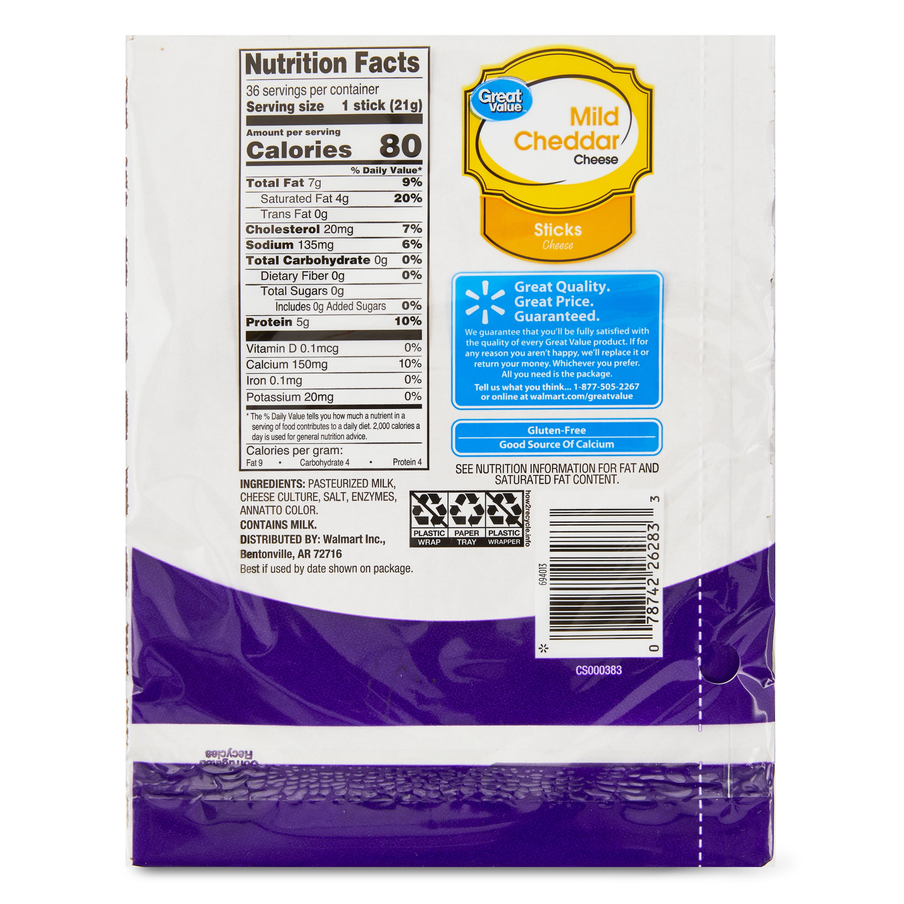 Great Value Mild Cheddar Cheese Snacks, 27 oz Bag, 36 Cheese Sticks