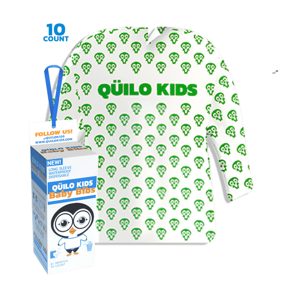 QUILO KIDS Disposable & Portable Baby Bibs 6 Months and Up – Long Sleeve Smock 10 Pack for Drooling, Arts & Craft – Waterproof for Kids & Toddler – Plastic BPA Free & Biodegradable (White & Green)