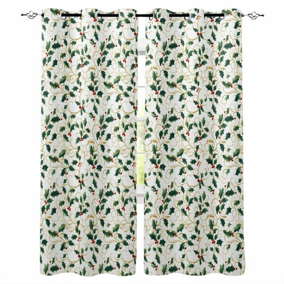 Hokiten Christmas Botanical Blackout Curtains | Light Blocking Print Window Curtains, Green Xmas Leaf Berry Thermal Insulated Window Drapes for Living Room Kitchen Cafe (2 Panels, 55"W x 39"L)